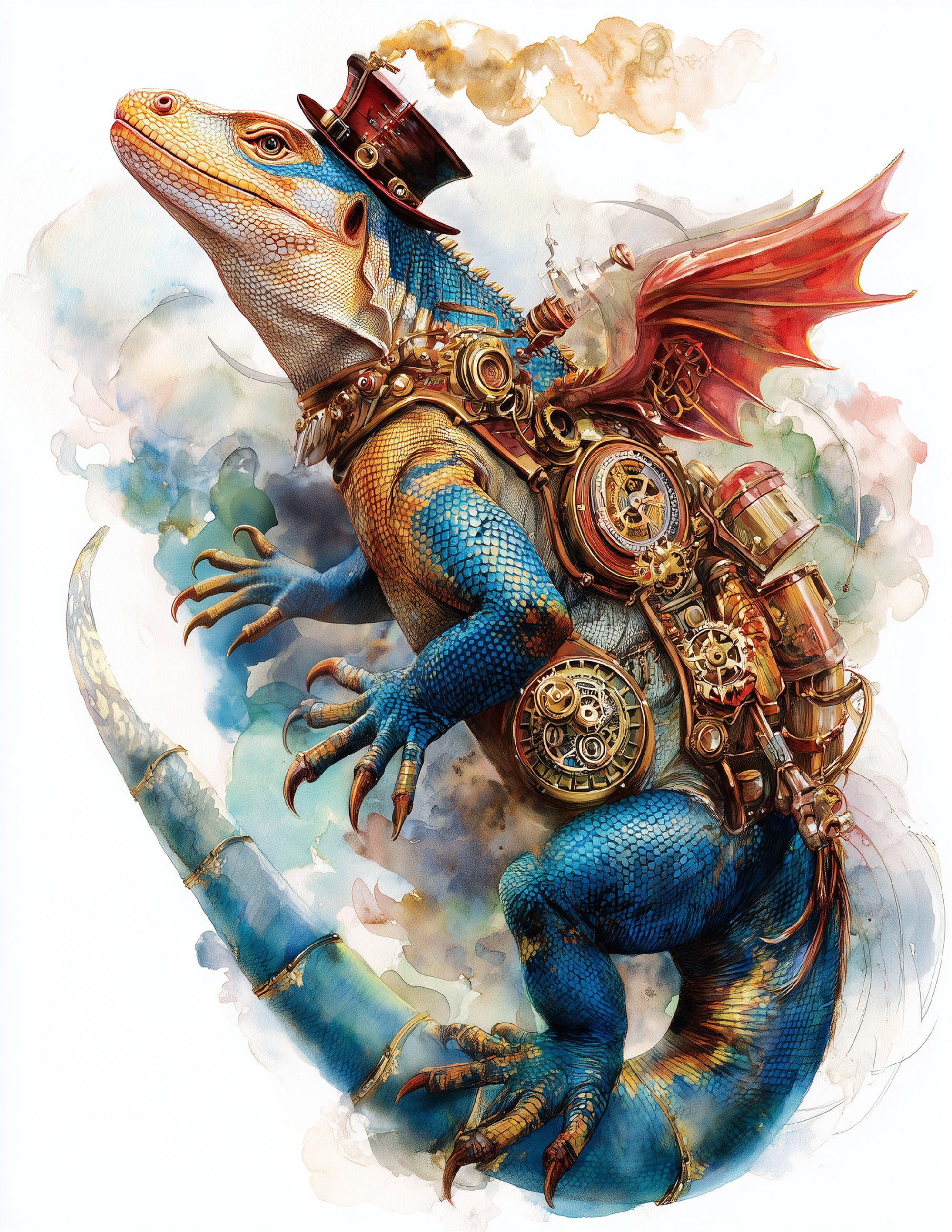 Komodo Dragon — Steampunk Art, Sapphire Mist Digital Wall Art, 3 Sizes Included, Living Room Decor