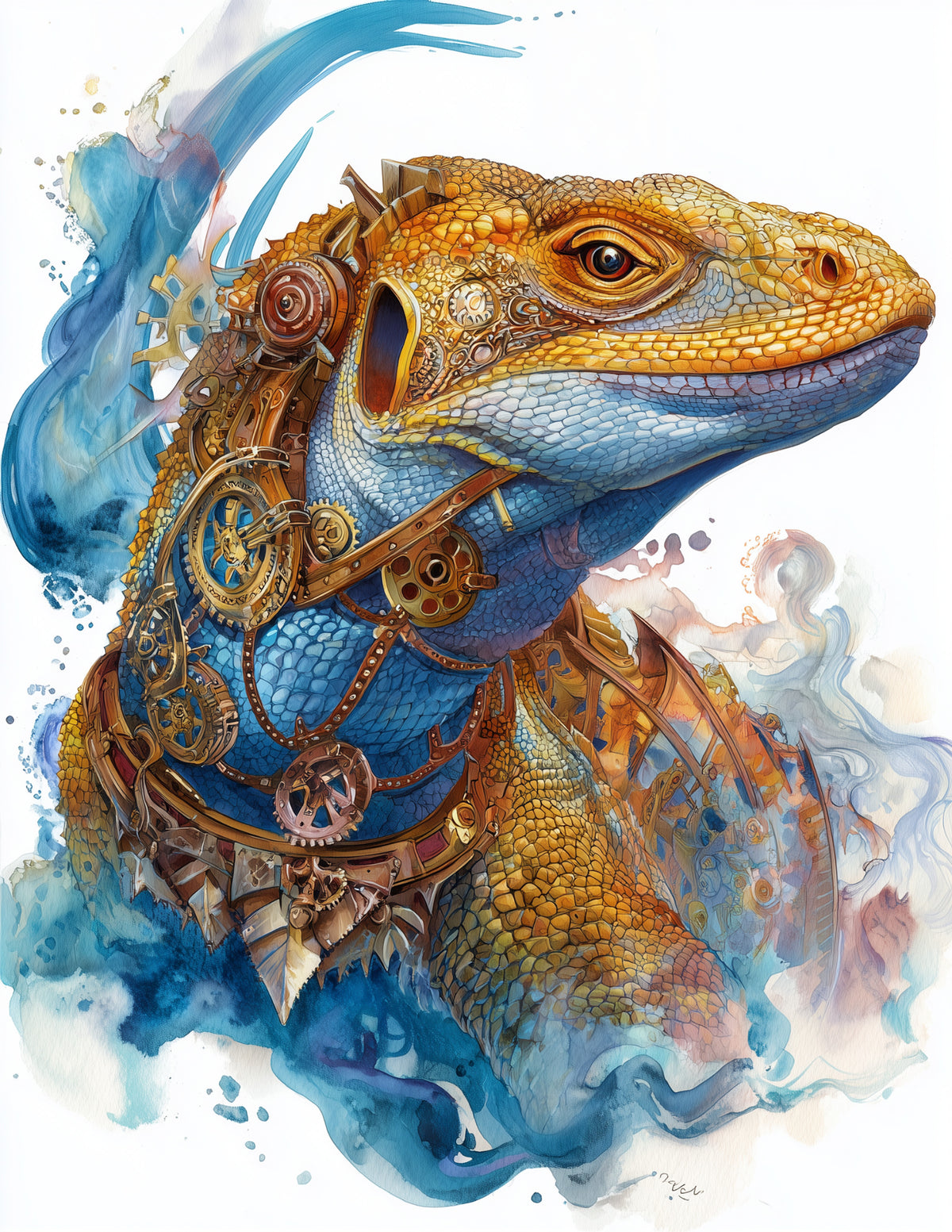 Komodo Dragon — Steampunk Art, Teal Contrast Digital Wall Art, 3 Sizes Included, Living Room Decor