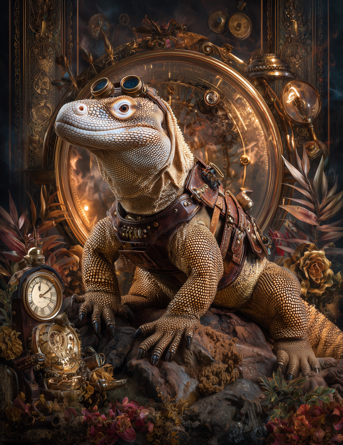 Komodo Dragon — Steampunk Art, Violet Hues Digital Wall Art, 3 Sizes Included, Living Room Decor