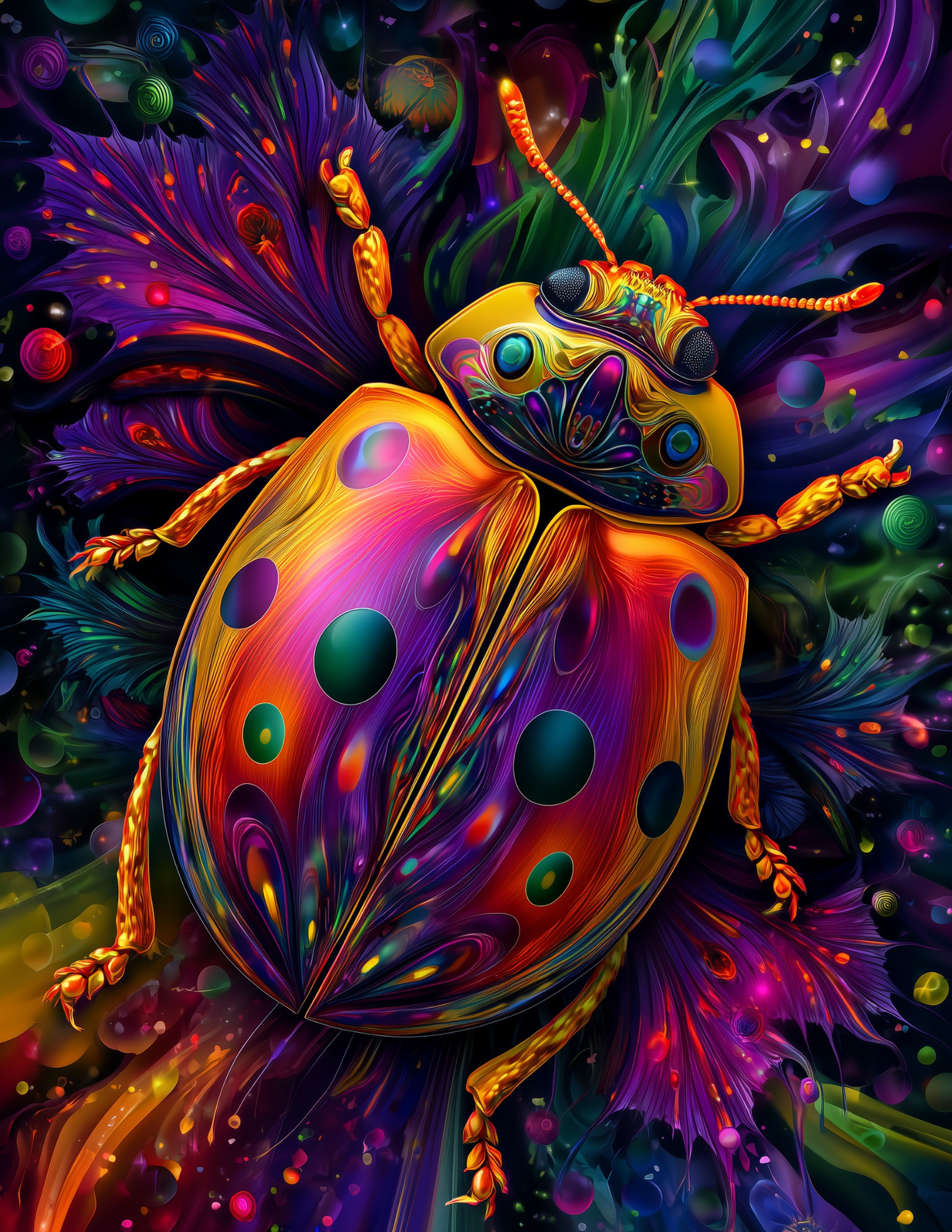Ladybug — Psychedelic Art, Radiant Highlights Digital Wall Art, 3 Sizes Included, Living Room Decor