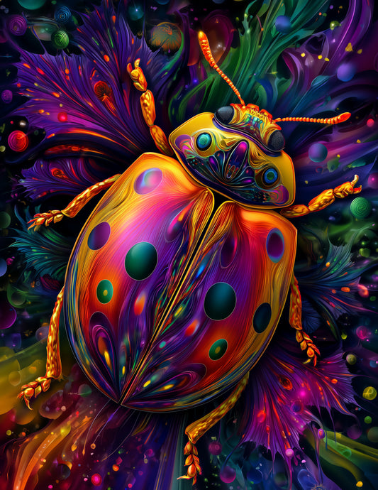 Ladybug — Pyschedelic Art, Radiant Highlights Digital Wall Art, 3 Sizes Included, Living Room Decor