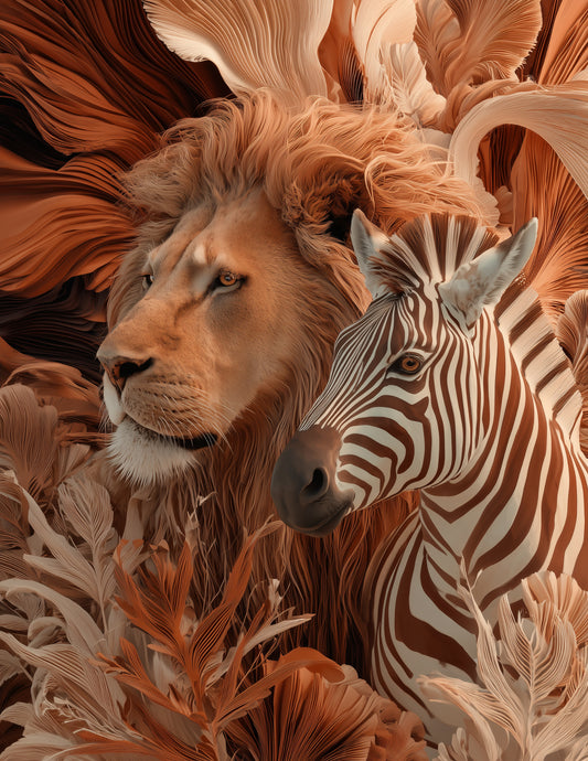 Lion & Zebra — Boho Amber Palette Duo Wall Art, 3 Sizes Included, Living Room Decor