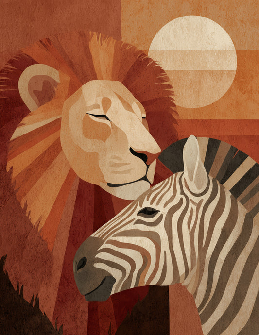 Lion & Zebra — Boho Muted Palette Duo Wall Art, 3 Sizes Included, Living Room Decor