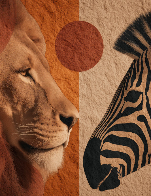 Lion & Zebra — Boho Warm Tones Duo Wall Art, 3 Sizes Included, Living Room Decor