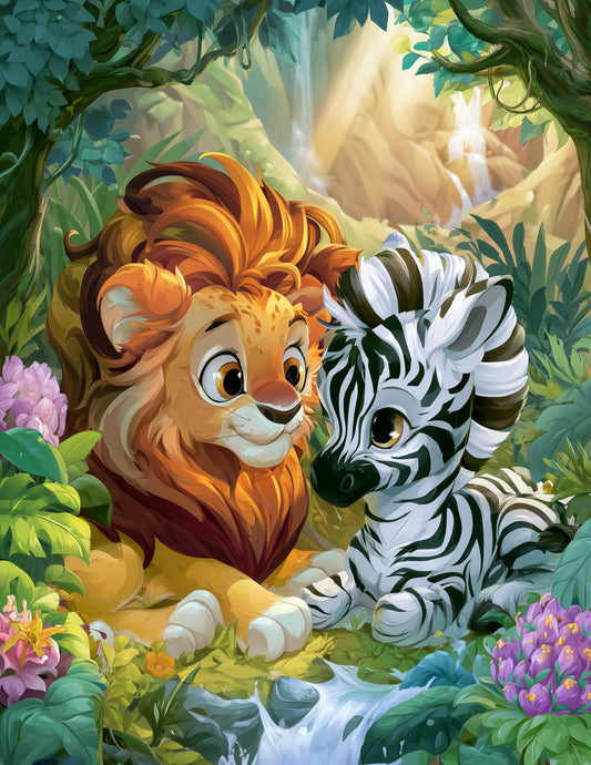 Lion & Zebra — Cute Cartoon Forest Tones Duo Wall Art, 3 Sizes Included, Nursery Decor