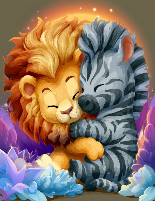 Lion & Zebra — Cute Cartoon Sunset Hues Duo Wall Art, 3 Sizes Included, Nursery Decor