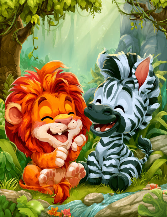 Lion & Zebra — Cute Cartoon Vibrant Hues Duo Wall Art, 3 Sizes Included, Nursery Decor