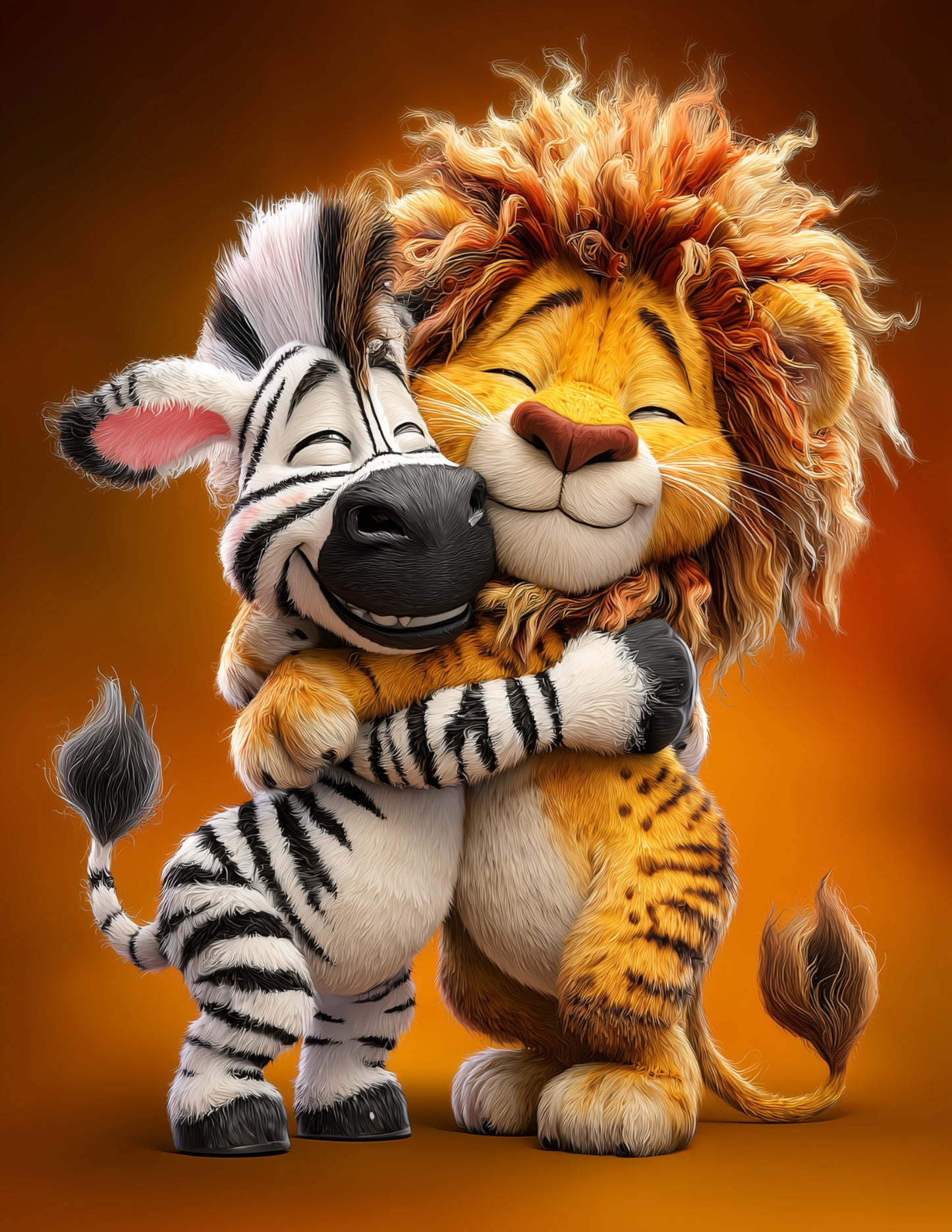 Lion & Zebra — Cute Cartoon Warm Tones Duo Wall Art, 3 Sizes Included, Nursery Decor