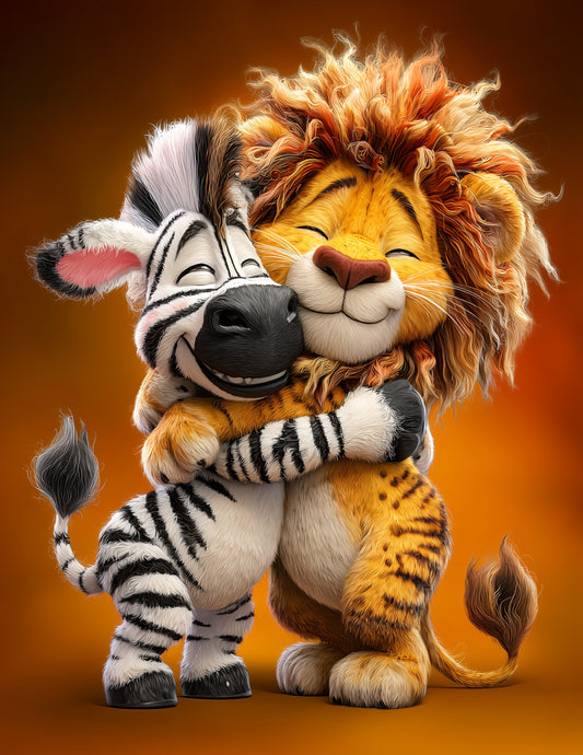 Lion & Zebra — Cute Cartoon Warm Tones Duo Wall Art, 3 Sizes Included, Nursery Decor