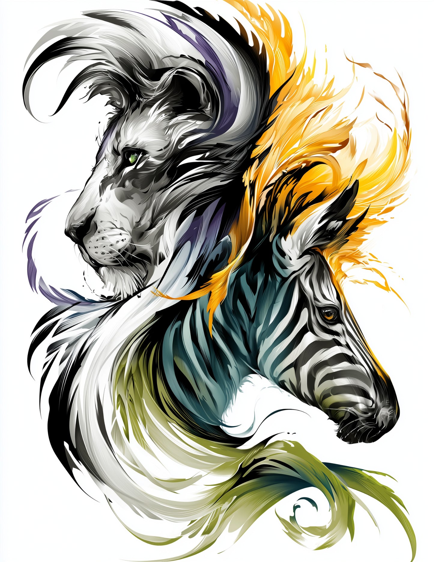 Lion & Zebra — Inkflow Bold Contrast Duo Wall Art, 3 Sizes Included, Living Room Decor