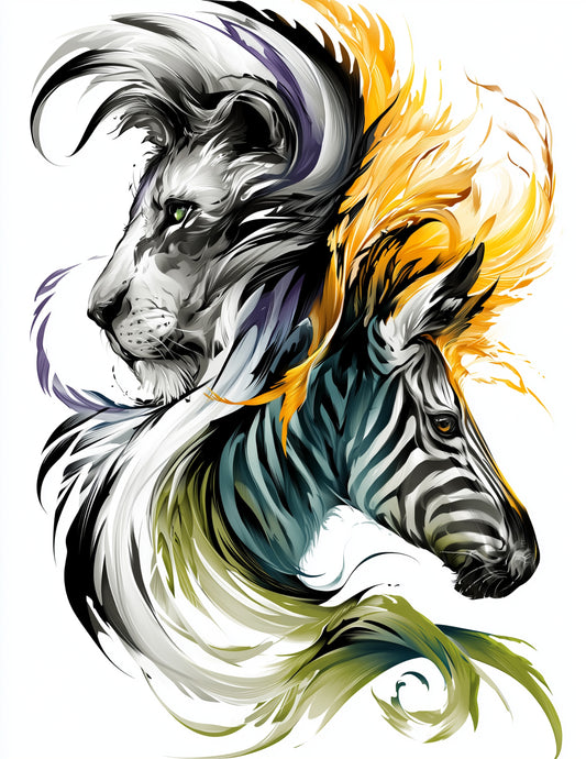 Lion & Zebra — Inkflow Bold Contrast Duo Wall Art, 3 Sizes Included, Living Room Decor
