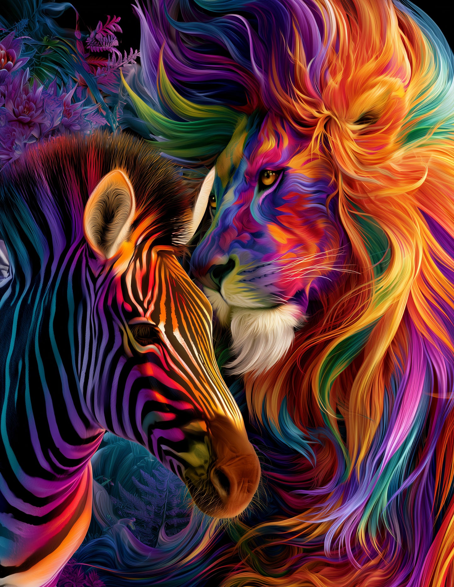 Lion & Zebra — Pyschedelic Bold Contrast Duo Wall Art, 3 Sizes Included, Living Room Decor
