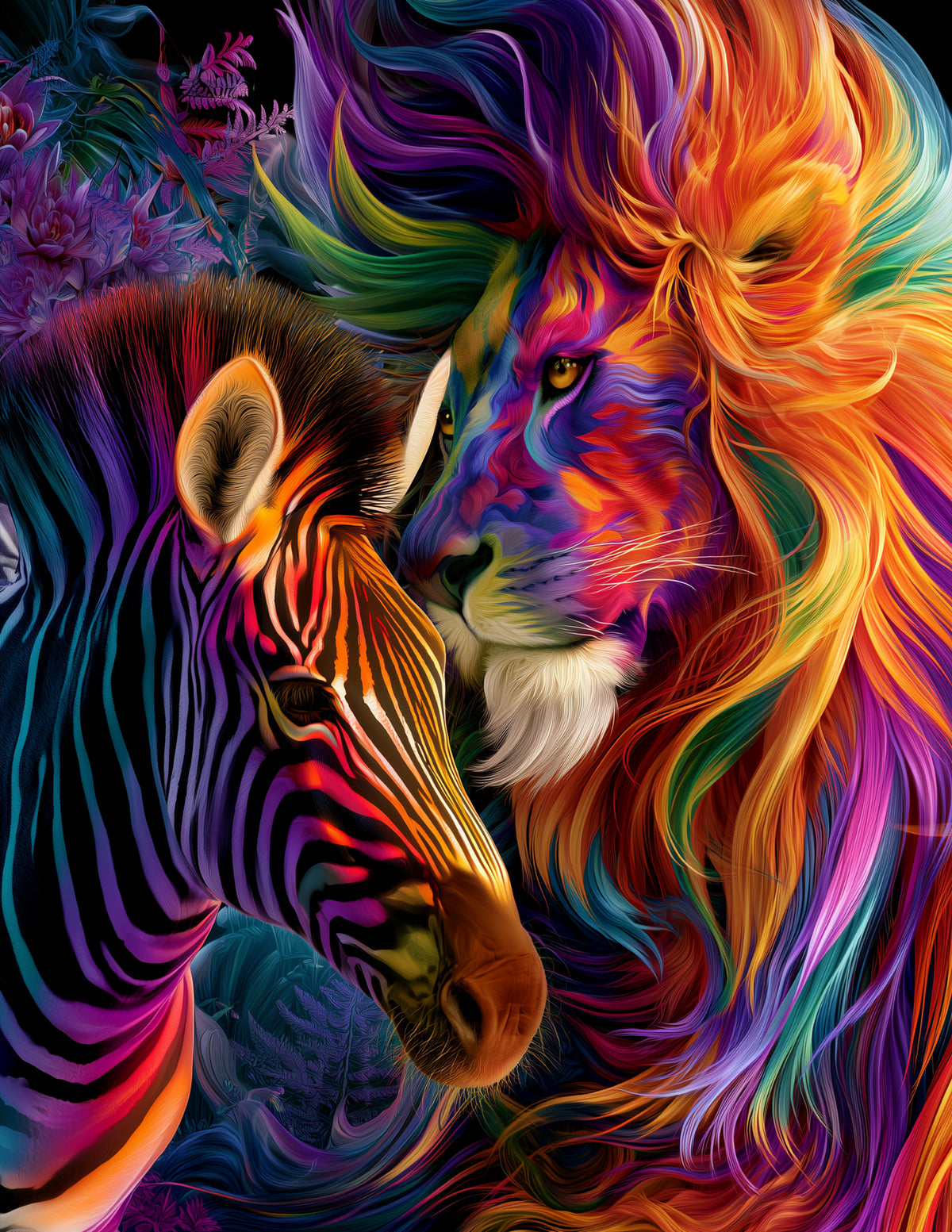 Lion & Zebra — Psychedelic Bold Contrast Duo Wall Art, 3 Sizes Included, Living Room Decor