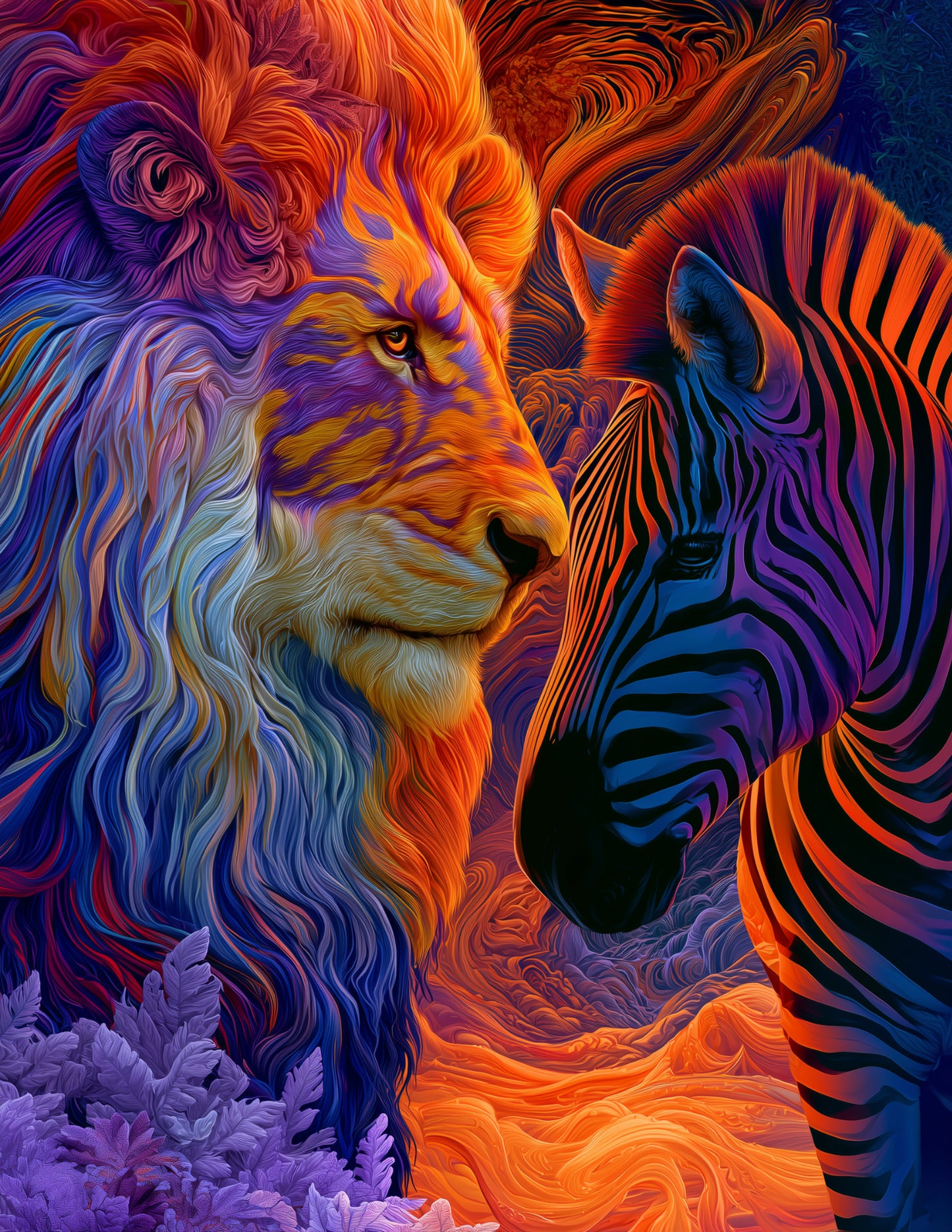 Lion & Zebra — Pyschedelic Sunset Gradients Duo Wall Art, 3 Sizes Included, Living Room Decor