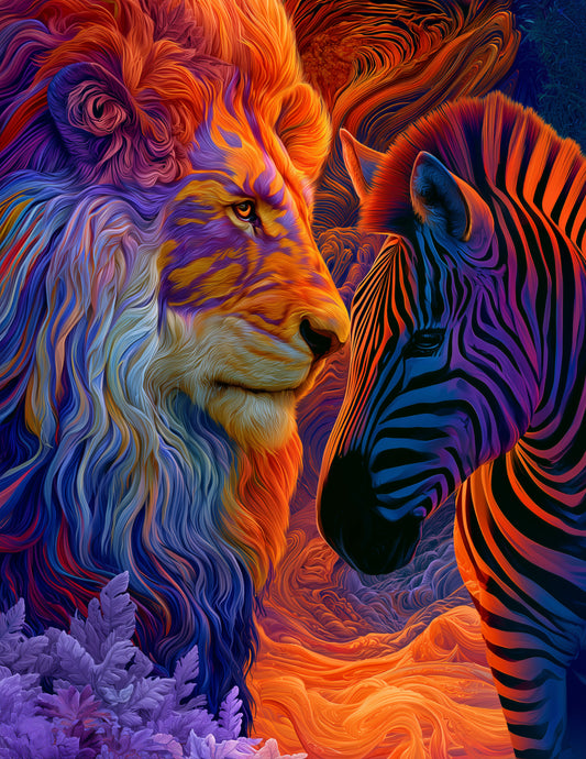 Lion & Zebra — Pyschedelic Sunset Gradients Duo Wall Art, 3 Sizes Included, Living Room Decor