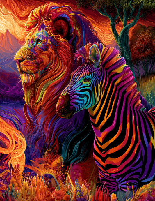Lion & Zebra — Pyschedelic Vibrant Palette Duo Wall Art, 3 Sizes Included, Living Room Decor