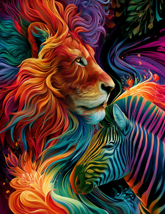 Lion & Zebra — Pyschedelic Violet Hues Duo Wall Art, 3 Sizes Included, Living Room Decor