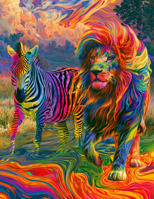 Lion & Zebra — Pyschedelic Warm Tones Duo Wall Art, 3 Sizes Included, Living Room Decor
