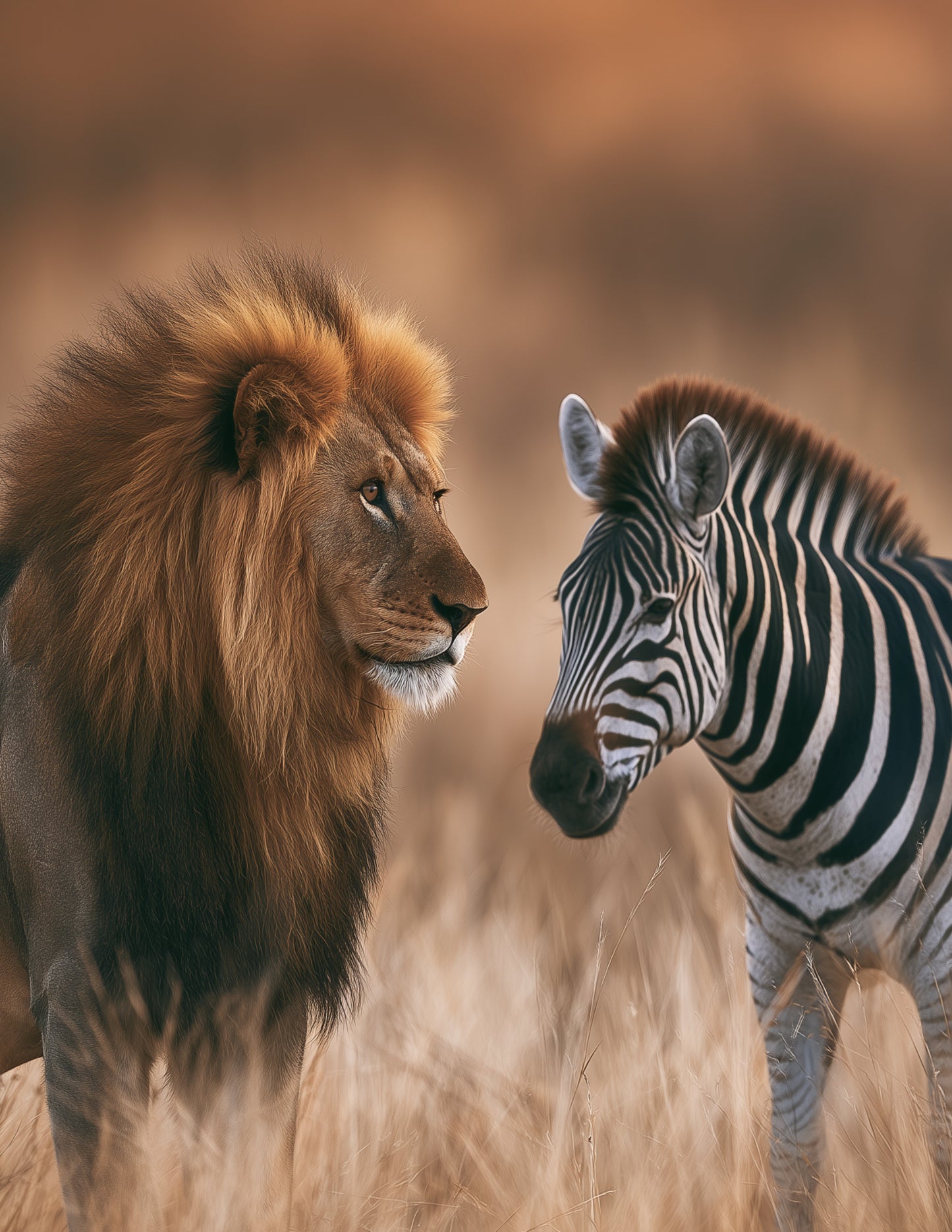 Lion & Zebra — Realistic Amber Tones Duo Wall Art, 3 Sizes Included, Living Room Decor