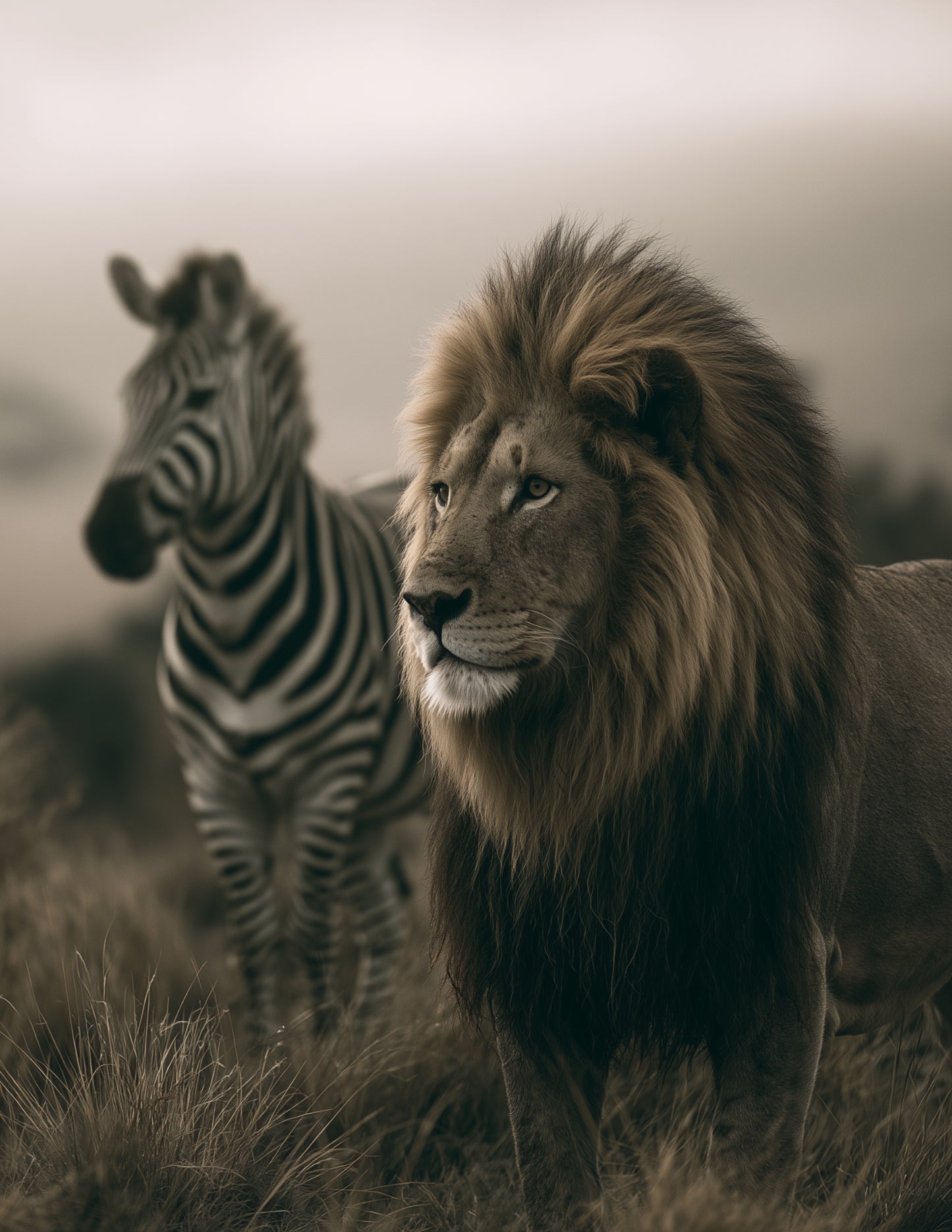 Lion & Zebra — Realistic Soft Tones Duo Wall Art, 3 Sizes Included, Living Room Decor