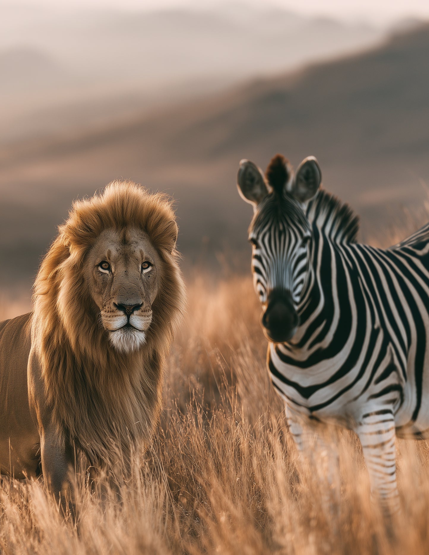 Lion & Zebra — Realistic Warm Tones Duo Wall Art, 3 Sizes Included, Living Room Decor