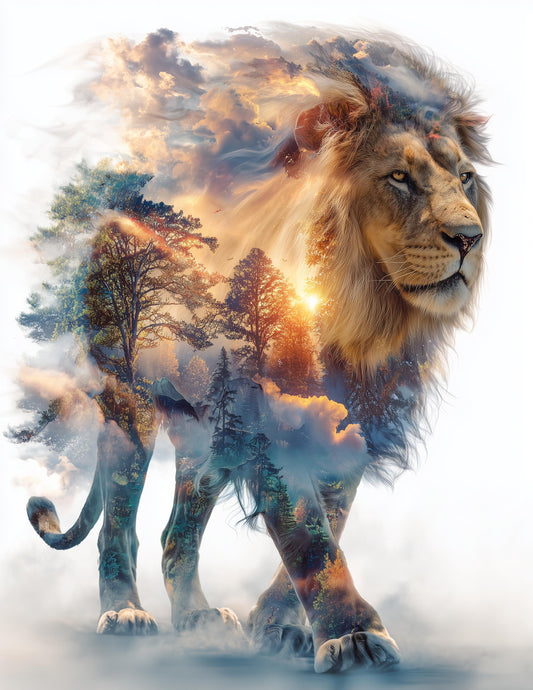 Lion — Double Exposure Art, Dawn Bloom Digital Wall Art, 3 Sizes Included, Living Room Decor