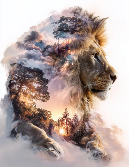 Lion — Double Exposure Art, Sapphire Hues Digital Wall Art, 3 Sizes Included, Living Room Decor