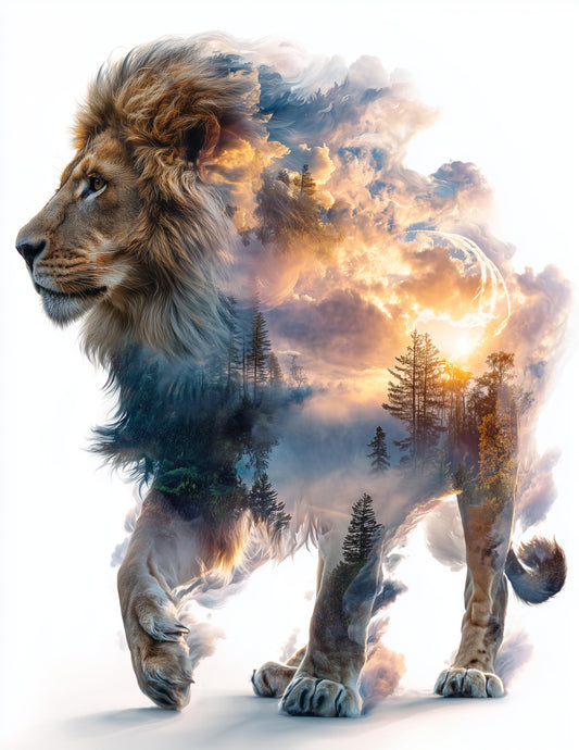 Lion — Double Exposure Art, Violet Mist Digital Wall Art, 3 Sizes Included, Living Room Decor