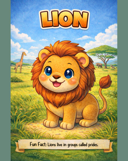 Lion — Fun Fact Character Digital Wall Art, 3 Sizes Included, Nursery Decor