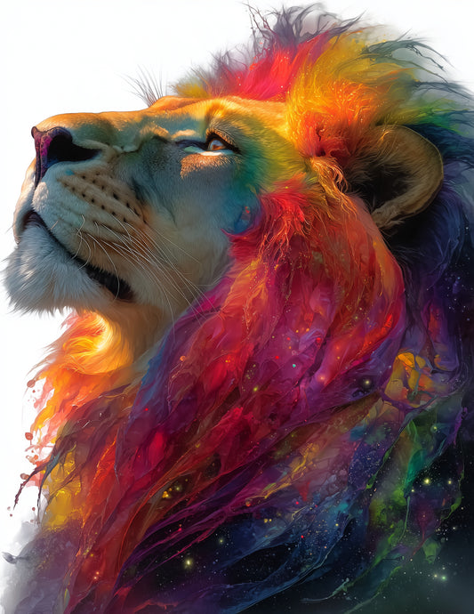 Lion — Watercolor Art, Cosmic Bloom Digital Wall Art, 3 Sizes Included, Living Room Decor