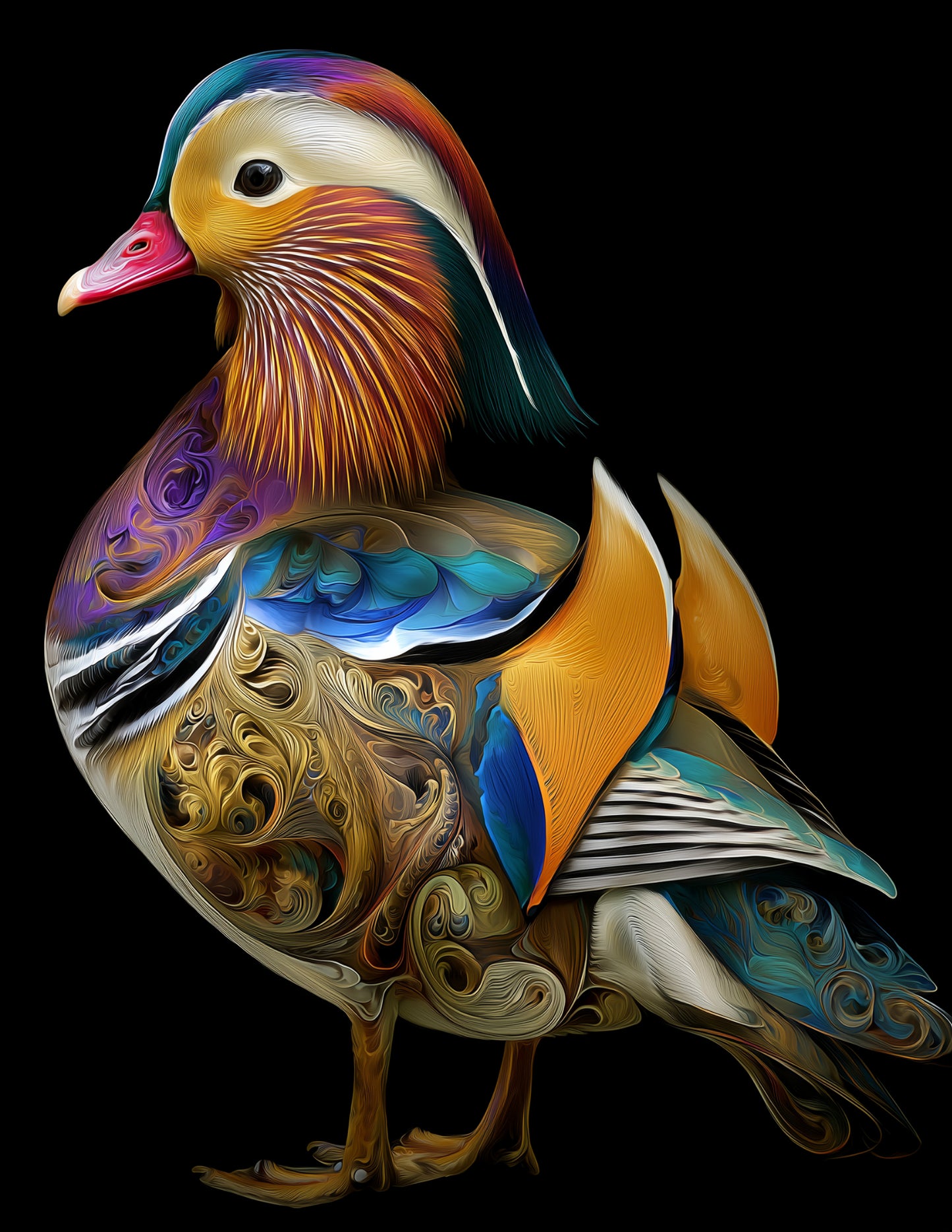 Mandarin Duck — Fractal Filigree Art, Bold Contrast Digital Wall Art, 3 Sizes Included, Living Room Decor