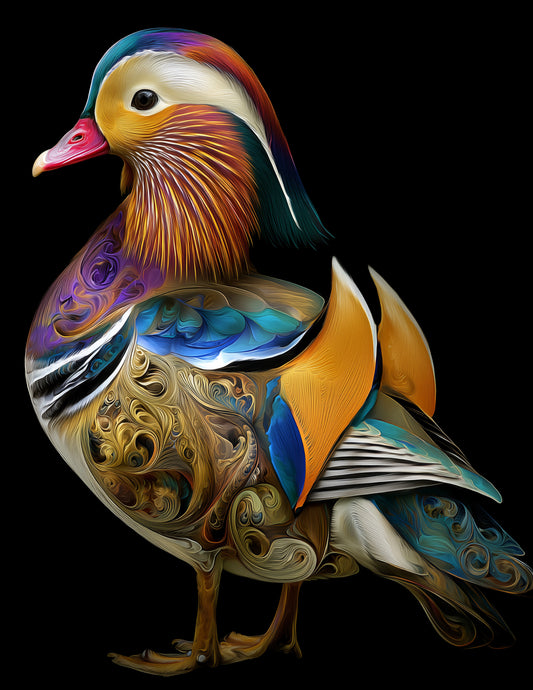 Mandarin Duck — Fractal Filigree Art, Bold Contrast Digital Wall Art, 3 Sizes Included, Living Room Decor