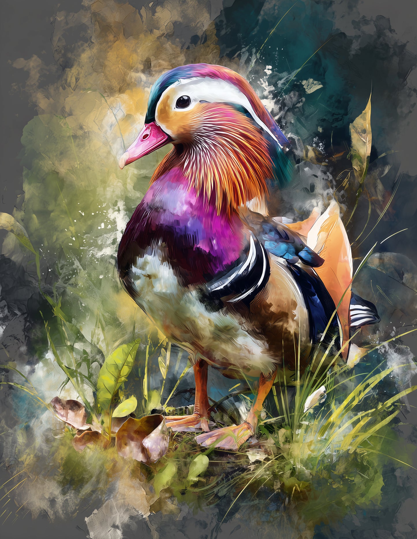 Mandarin Duck — Watercolor Art, Calm Gradients Digital Wall Art, 3 Sizes Included, Living Room Decor