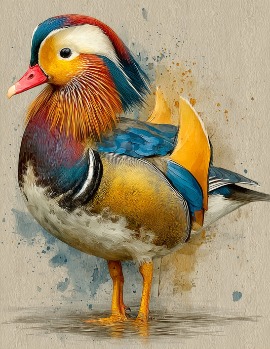 Mandarin Duck — Watercolor Art, Ink Splash Digital Wall Art, 3 Sizes Included, Living Room Decor