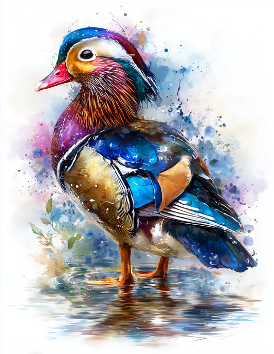 Mandarin Duck — Watercolor Art, Vibrant Splash Digital Wall Art, 3 Sizes Included, Living Room Decor