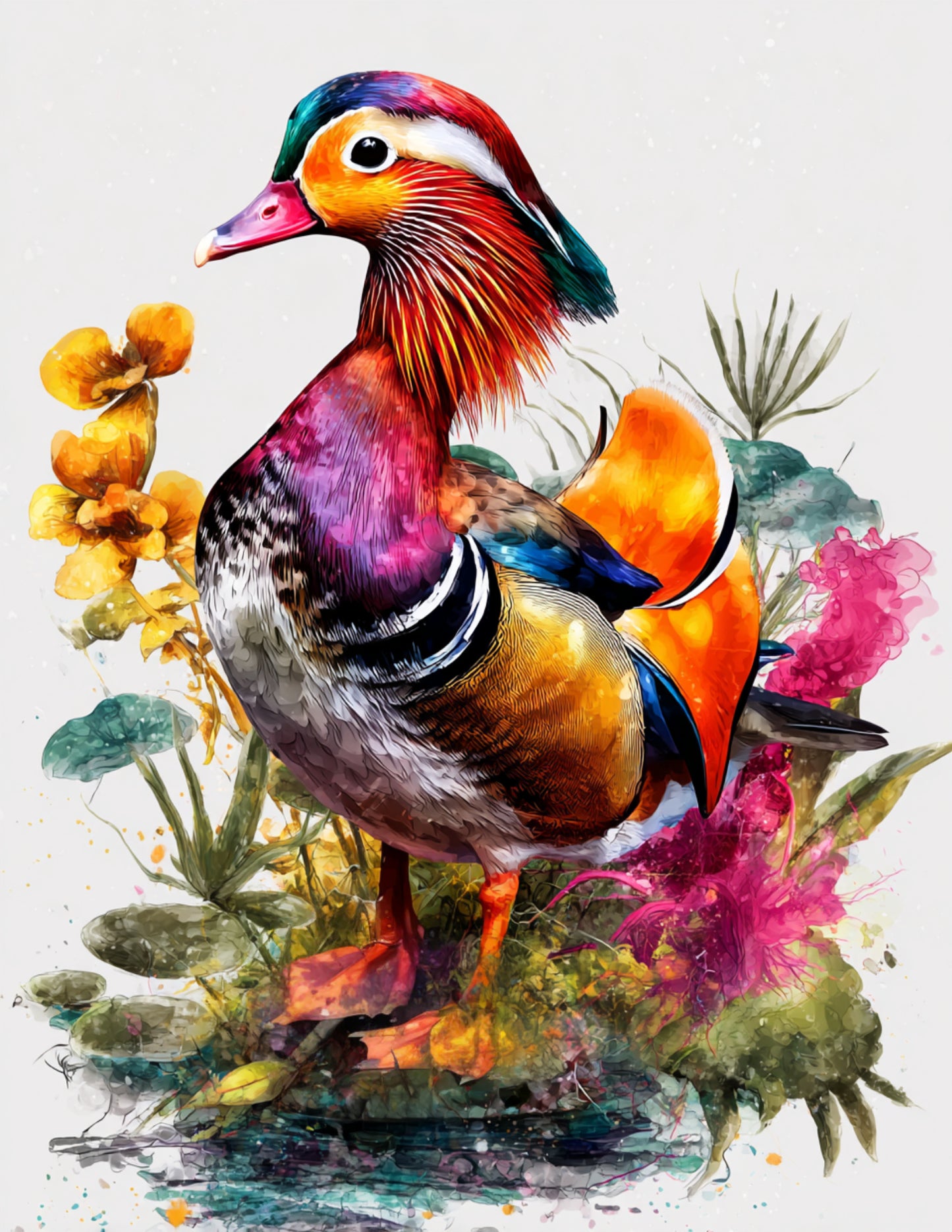 Mandarin Duck — Watercolor Art, Warm Palette Digital Wall Art, 3 Sizes Included, Living Room Decor