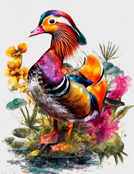 Mandarin Duck — Watercolor Art, Warm Palette Digital Wall Art, 3 Sizes Included, Living Room Decor