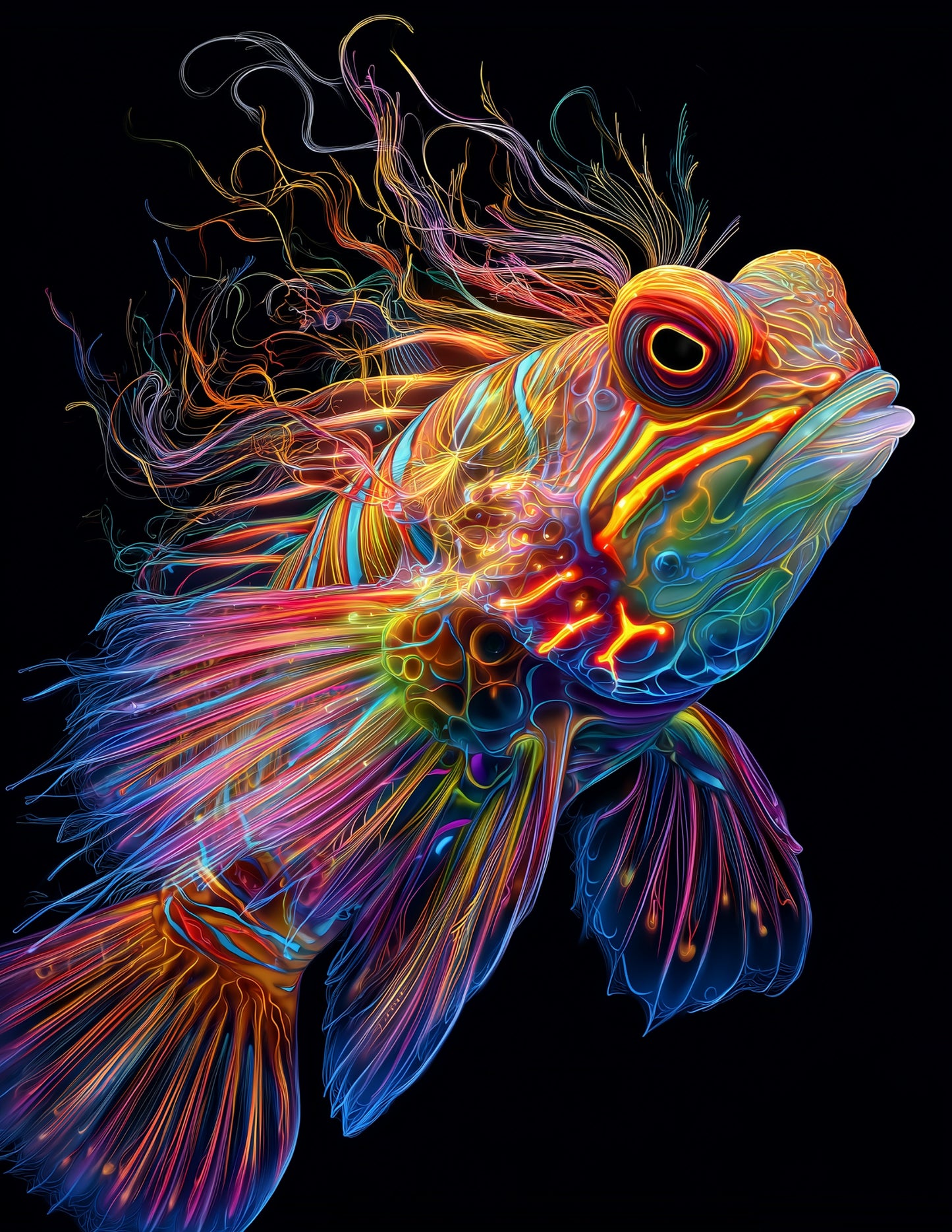 Mandarinfish — Chromatic Filament Art, Bold Contrast Digital Wall Art, 3 Sizes Included, Living Room Decor