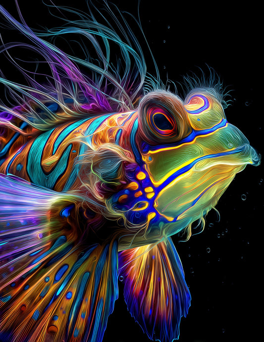 Mandarinfish — Chromatic Filament Art, Midnight Hues Digital Wall Art, 3 Sizes Included, Living Room Decor