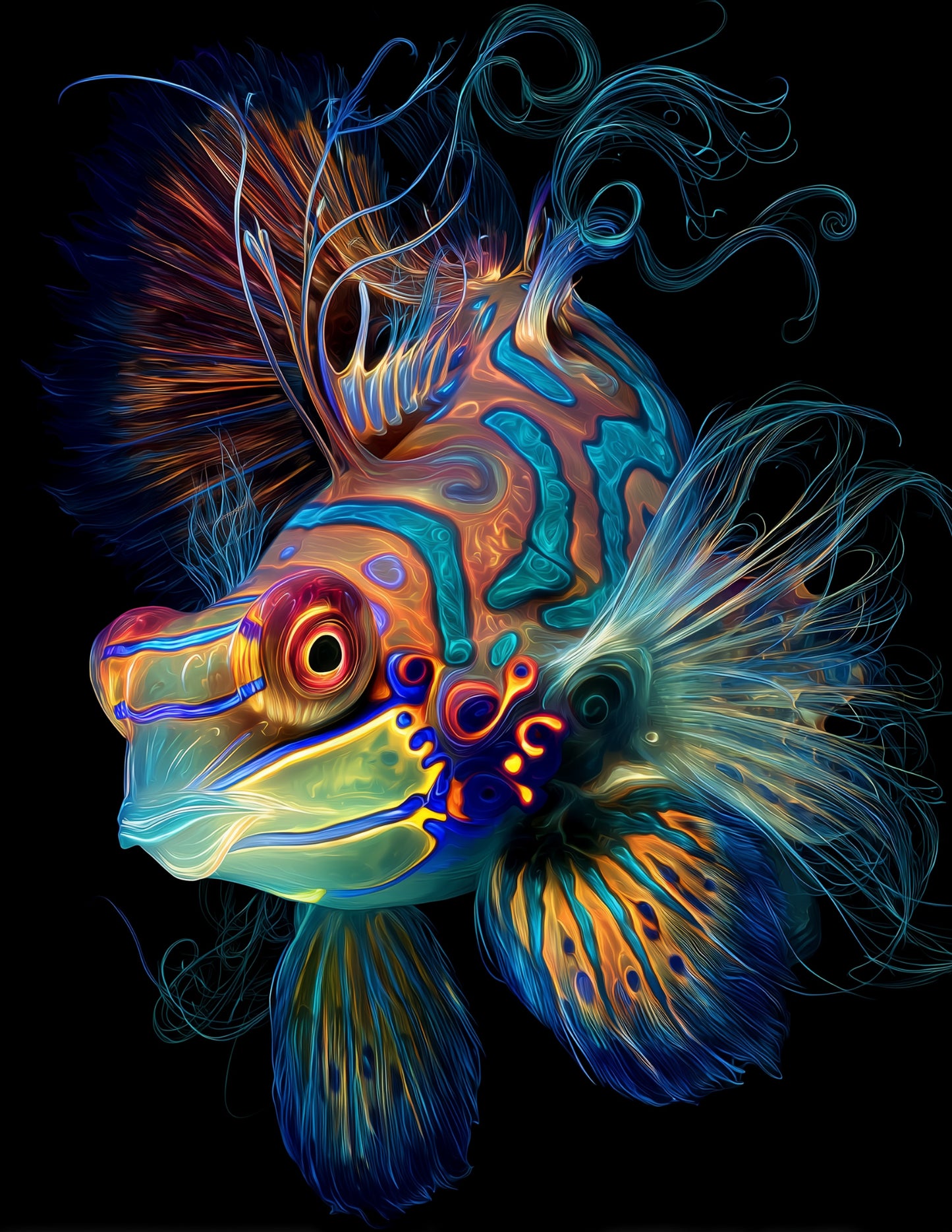 Mandarinfish — Chromatic Filament Art, Sapphire Mist Digital Wall Art, 3 Sizes Included, Living Room Decor