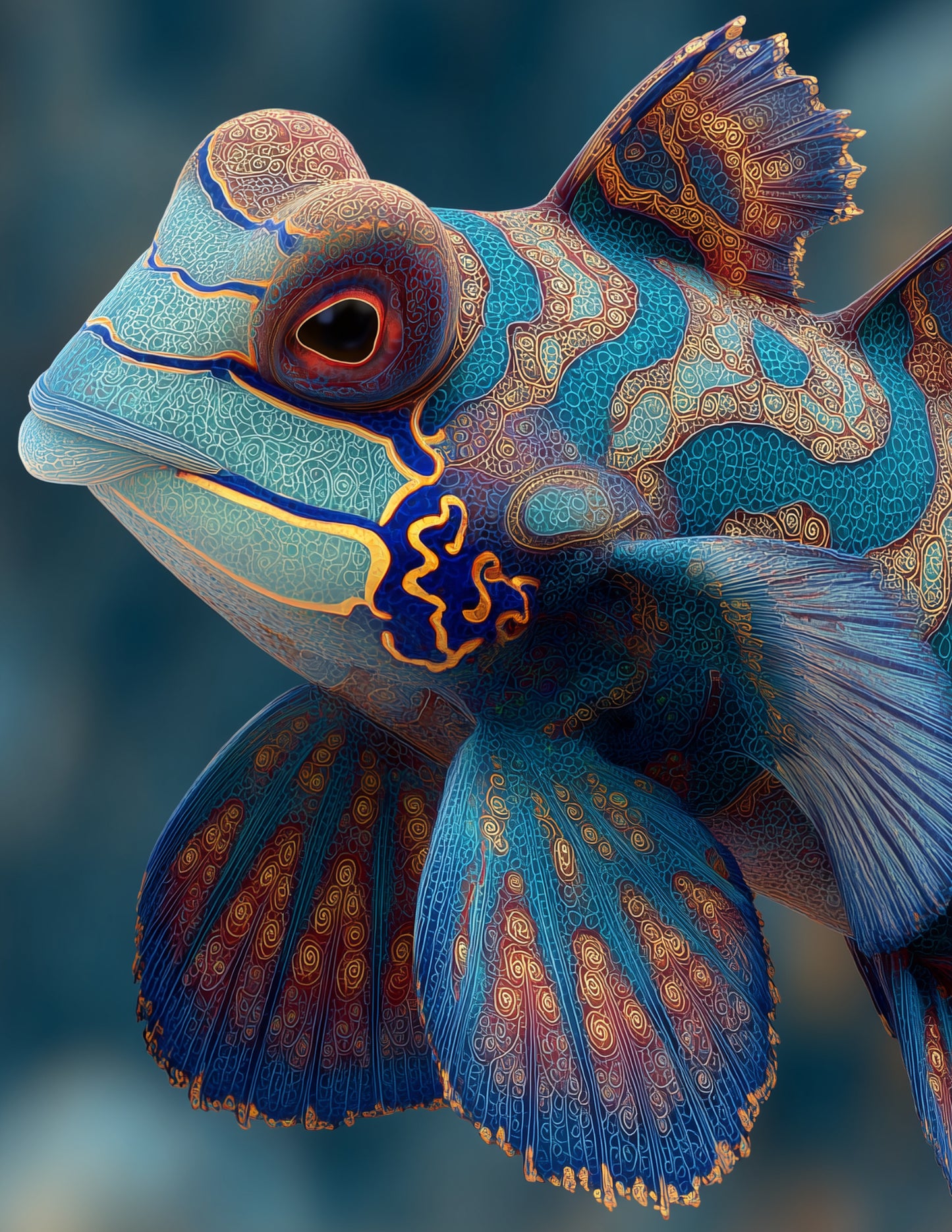 Mandarinfish — Fractal Filigree Art, Amber Tones Digital Wall Art, 3 Sizes Included, Living Room Decor