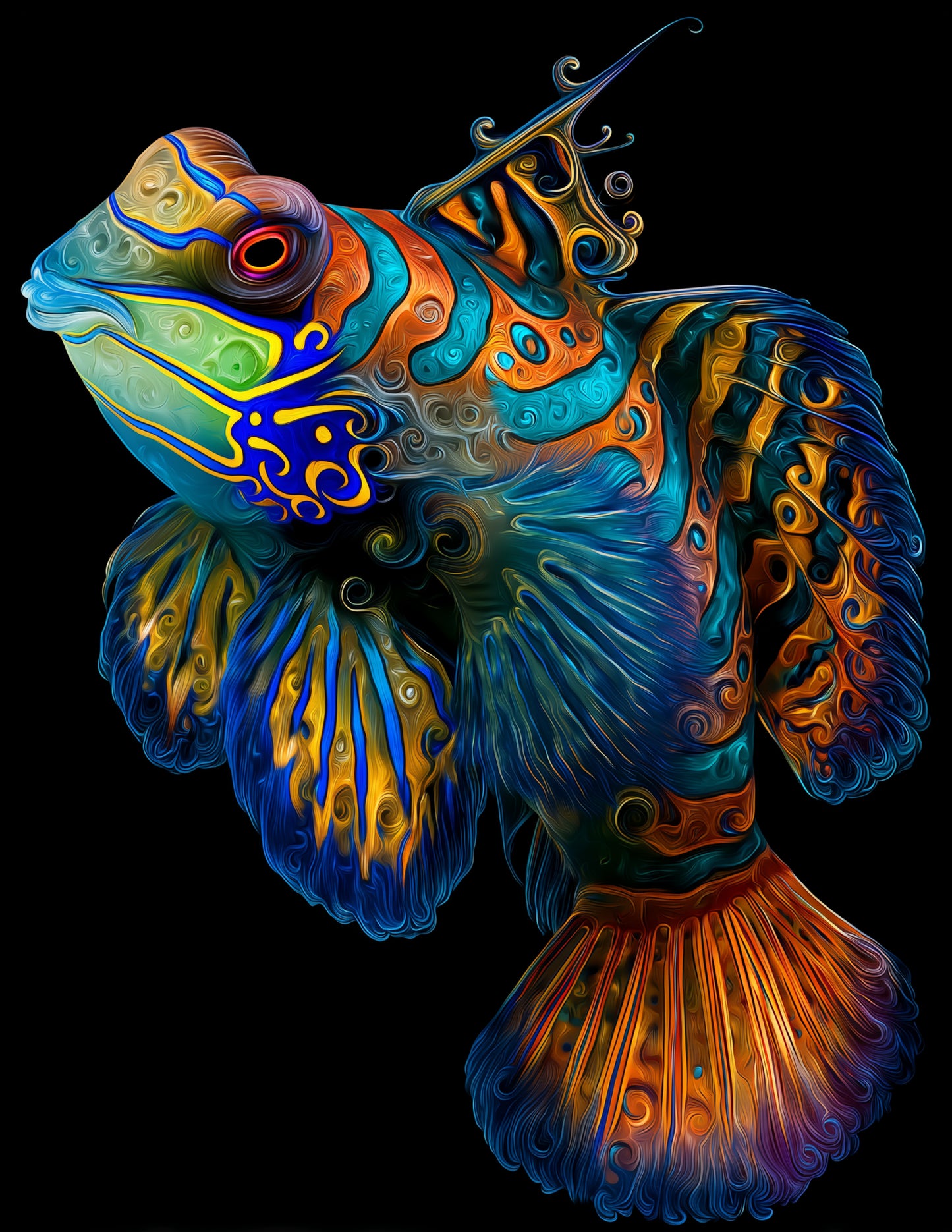 Mandarinfish — Fractal Filigree Art, Midnight Hues Digital Wall Art, 3 Sizes Included, Living Room Decor