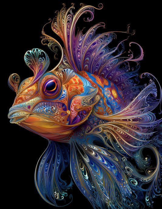 Mandarinfish — Fractal Filigree Art, Sapphire Palette Digital Wall Art, 3 Sizes Included, Living Room Decor