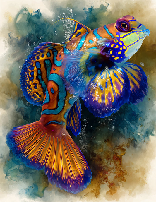 Mandarinfish — Watercolor Art, Bold Contrast Digital Wall Art, 3 Sizes Included, Living Room Decor
