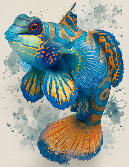 Mandarinfish — Watercolor Art, Emerald Tones Digital Wall Art, 3 Sizes Included, Living Room Decor