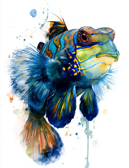 Mandarinfish — Watercolor Art, Teal Hues Digital Wall Art, 3 Sizes Included, Living Room Decor