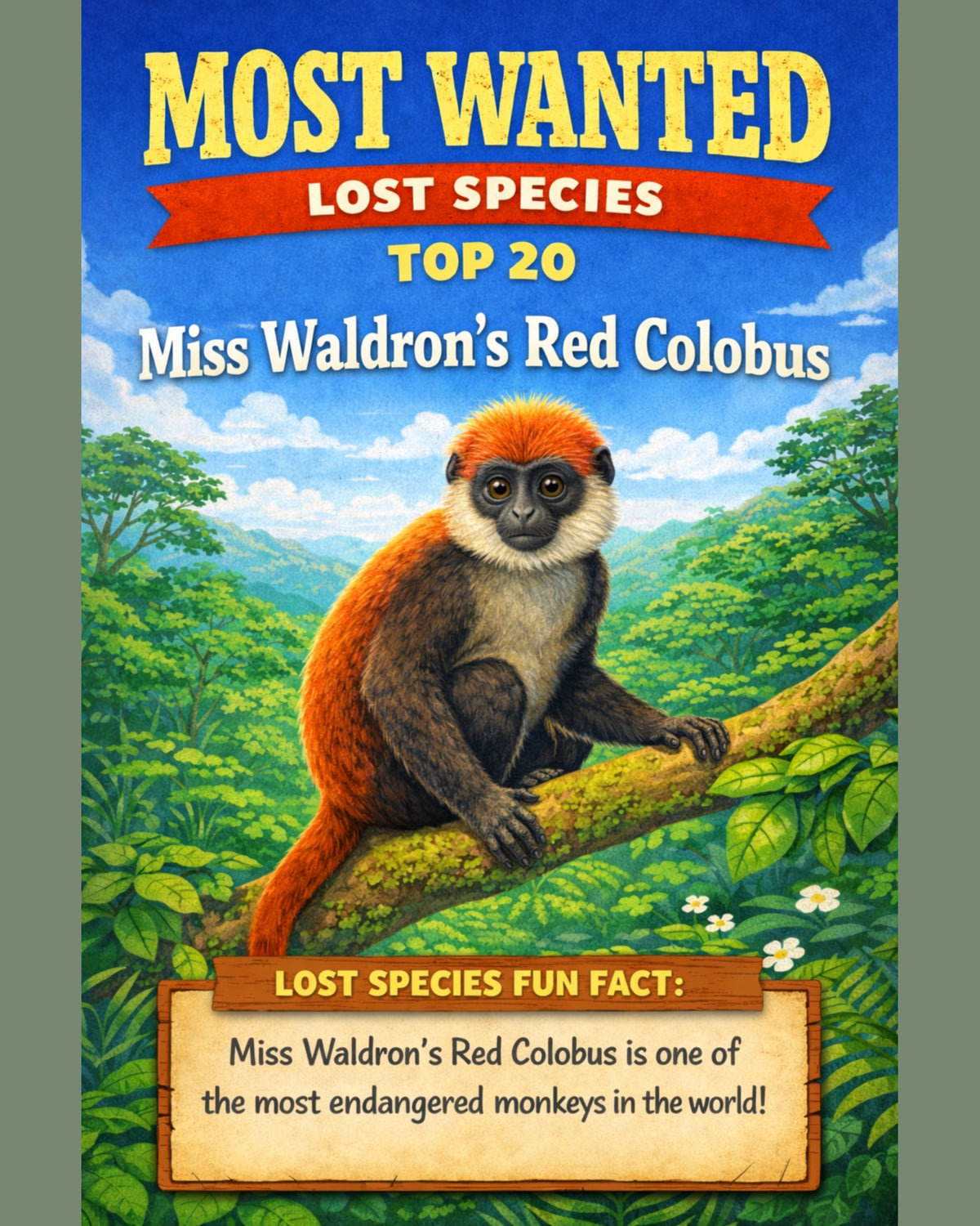 Miss Waldron’s Red Colobus — Lost Species Art, Most Wanted Top 20, 3 Sizes Included, Living Room Decor
