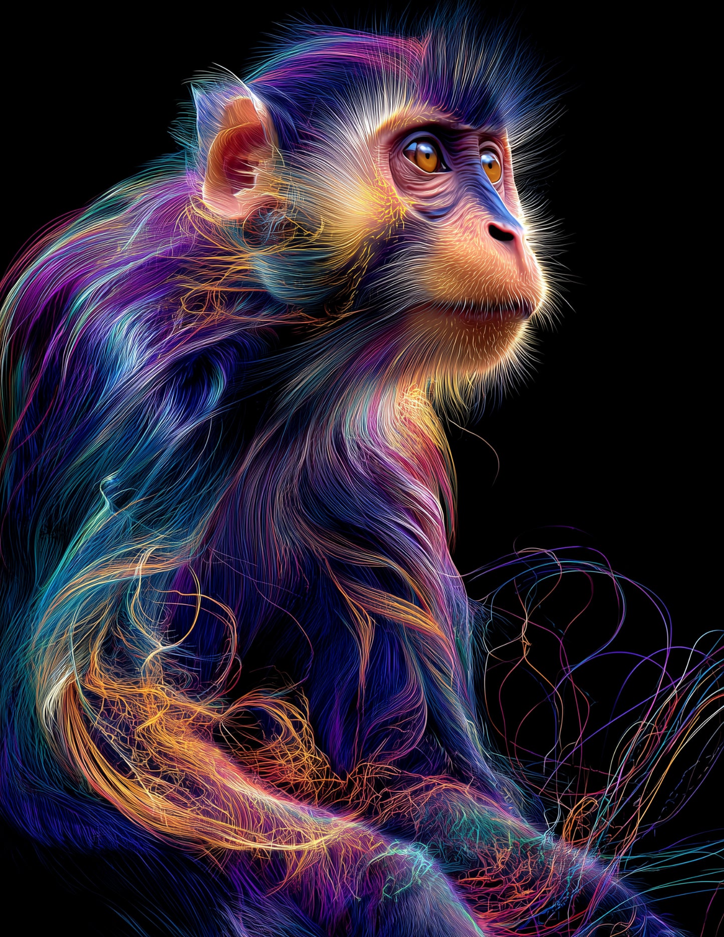 Monkey — Chromatic Filament Art, Vibrant Palette Digital Wall Art, 3 Sizes Included, Living Room Decor