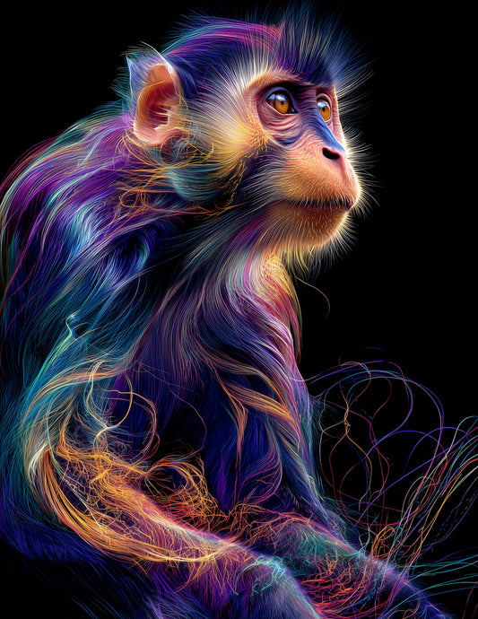 Monkey — Chromatic Filament Art, Vibrant Palette Digital Wall Art, 3 Sizes Included, Living Room Decor