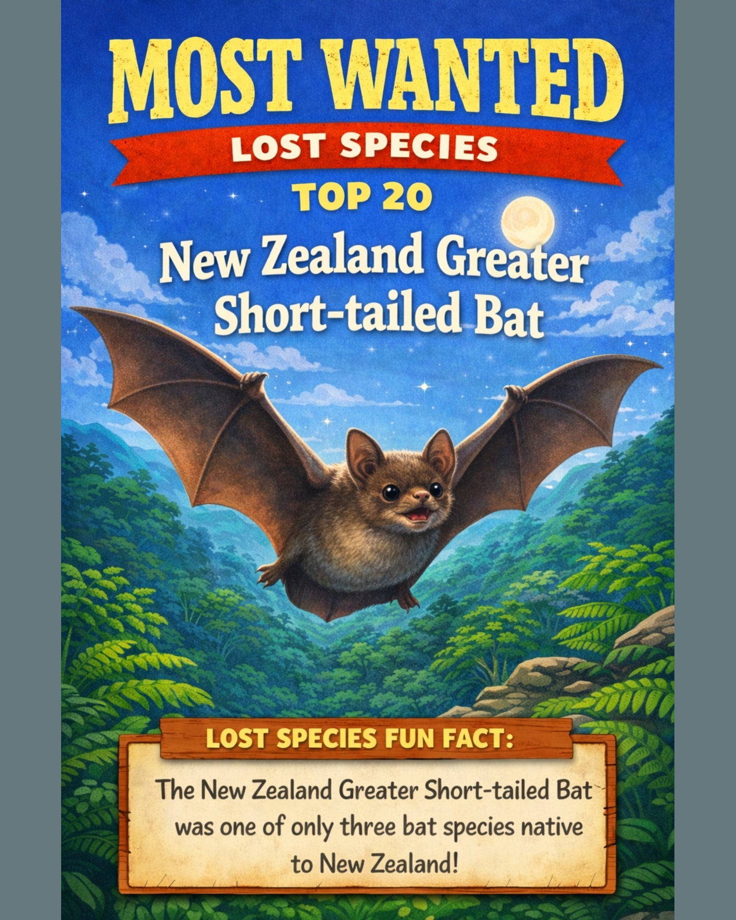 New Zealand Greater Short-tailed Bat — Lost Species Art, Most Wanted Top 20, 3 Sizes Included, Living Room Decor